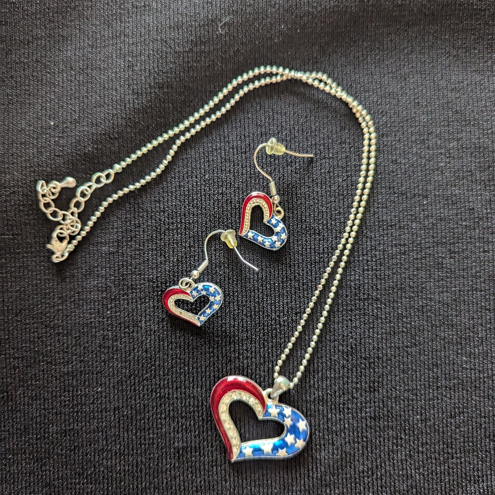 Heart Pendant and Earrings Set - Red, Blue, Silver